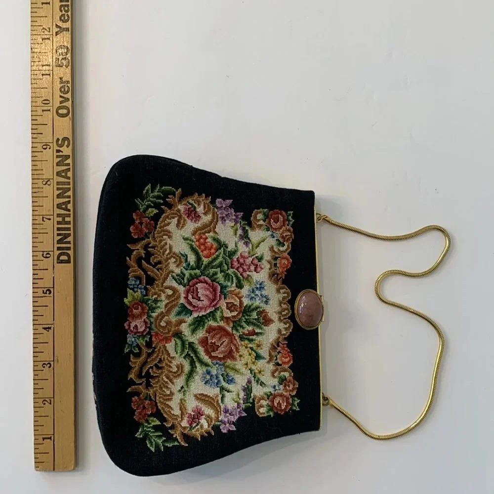 Vintage Floral Petit Point Rose Quartz Gold Filigree Embroidered Black Handbag - Picture 11 of 16